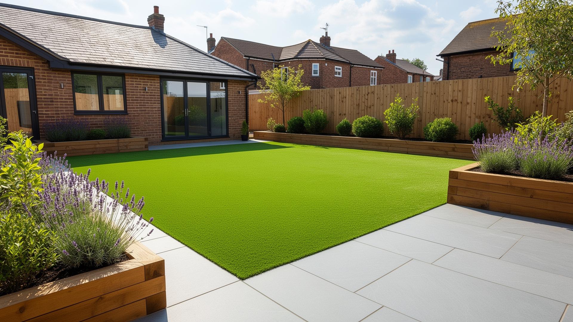 Newly installed artificial grass lawn with porcelain patio in a Cheshire family garden