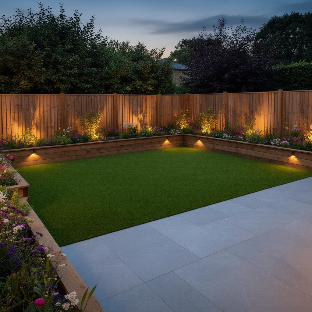 Completed back garden with artificial grass and patio at twilight
