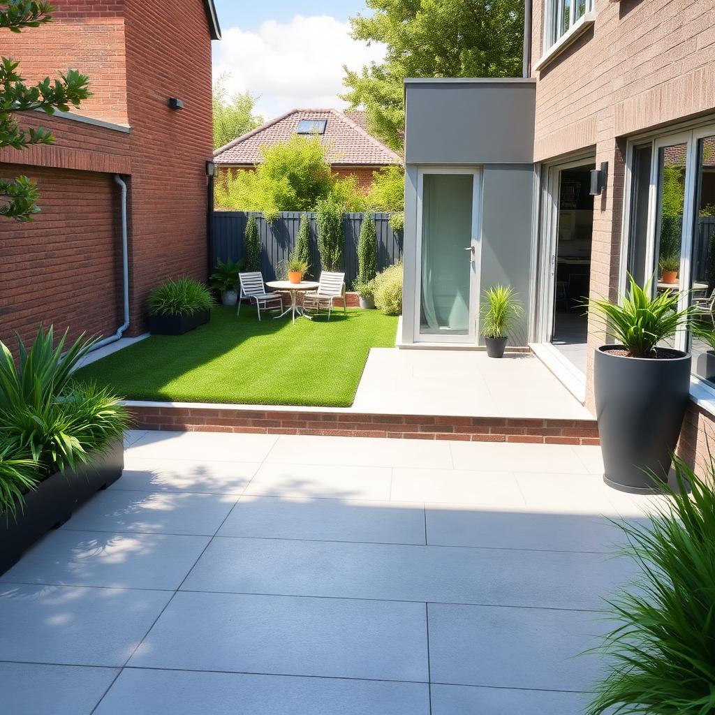 Modern family garden with grass and porcelain patio