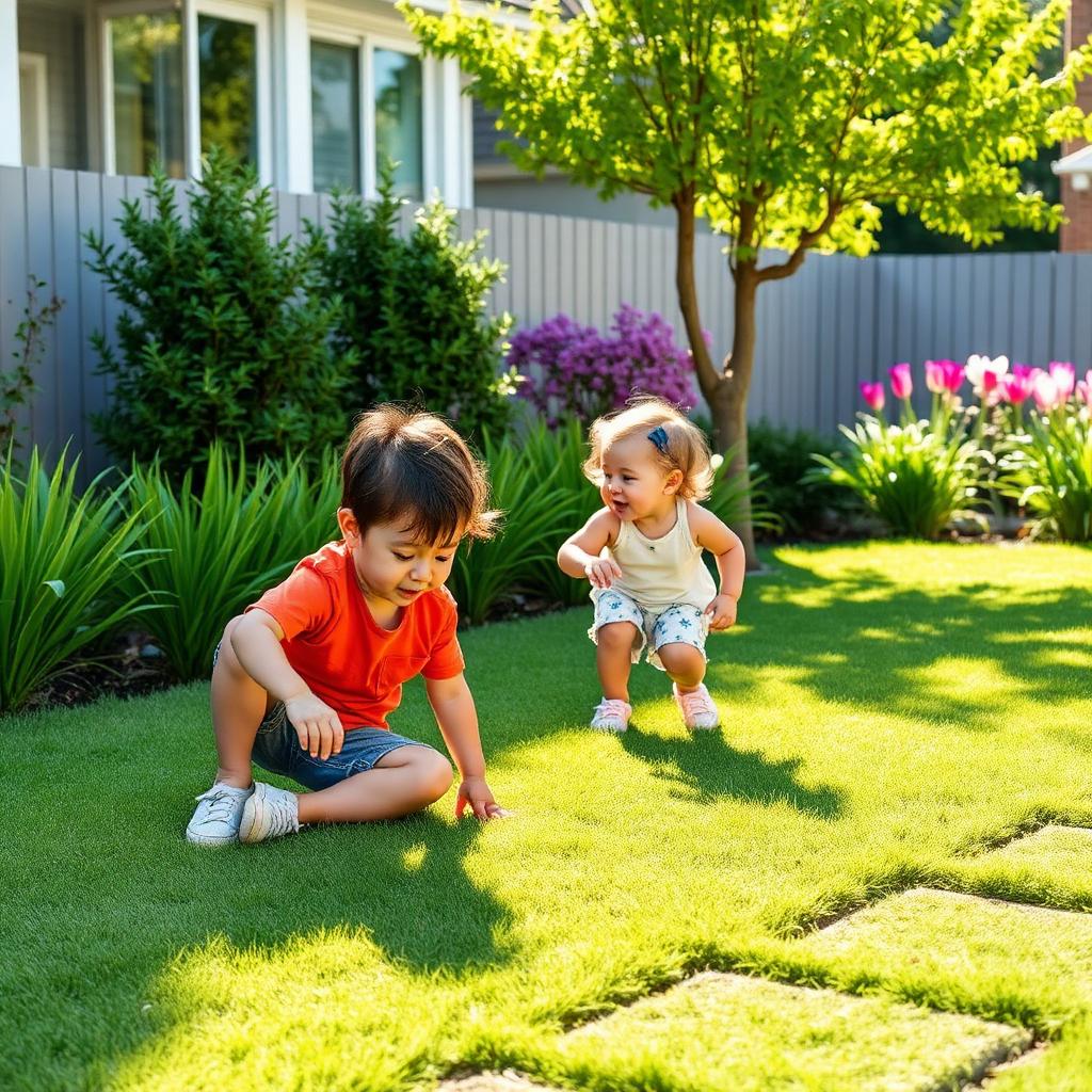 Children playing on artificial grass in a family back garden